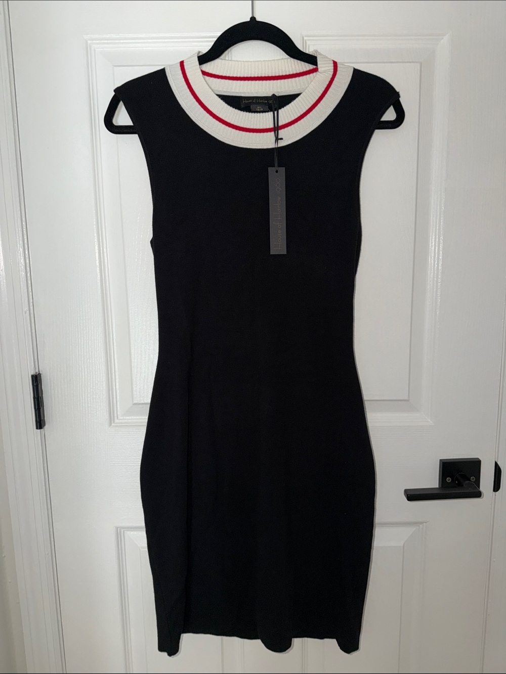 House of Harlow 1960 Black Knit Mini Dress with Cream and Red Trim